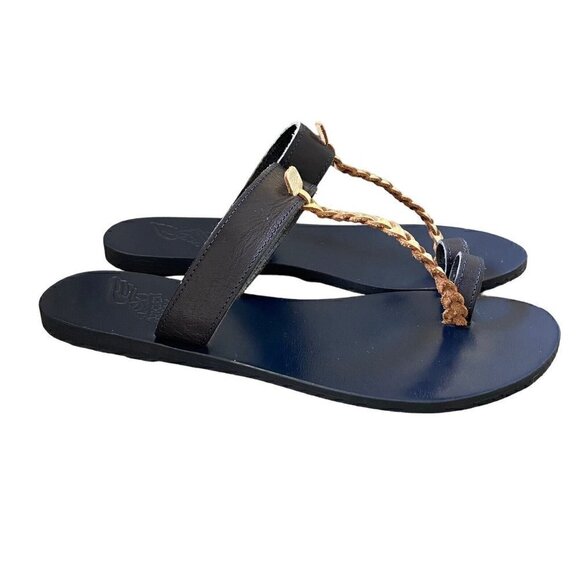 Ancient Greek Sandals Melpomeni Toe Loop Braided Blue Gold Leather Size 40 US 10 - Picture 1 of 9
